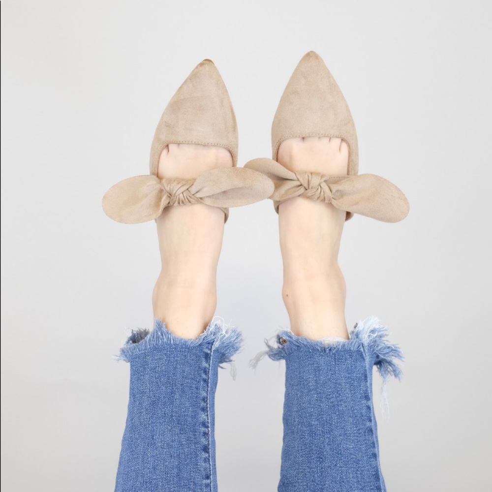Nude Suede Pointed Toe Bow Mules - Picture 2 of 4